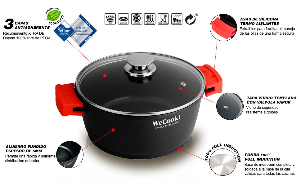 Wecook Ecostone Cazuela Baja Inducción Tapa Cristal 24cm, Antiadherente sin PFOA, Aluminio Fundido, 5mm, 7,5cm alto Negro