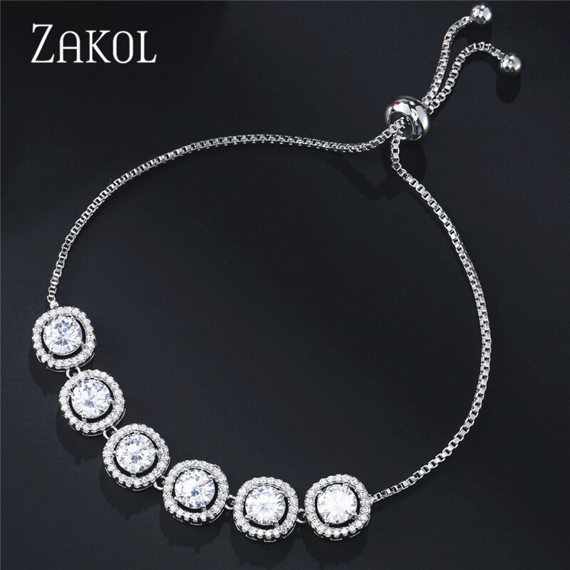 Zakol Mode Ronde Zirconia Verstelbare Ketting Link Armband Met Crystal Vrouwen Armbanden Indiase Sieraden FSBP2067