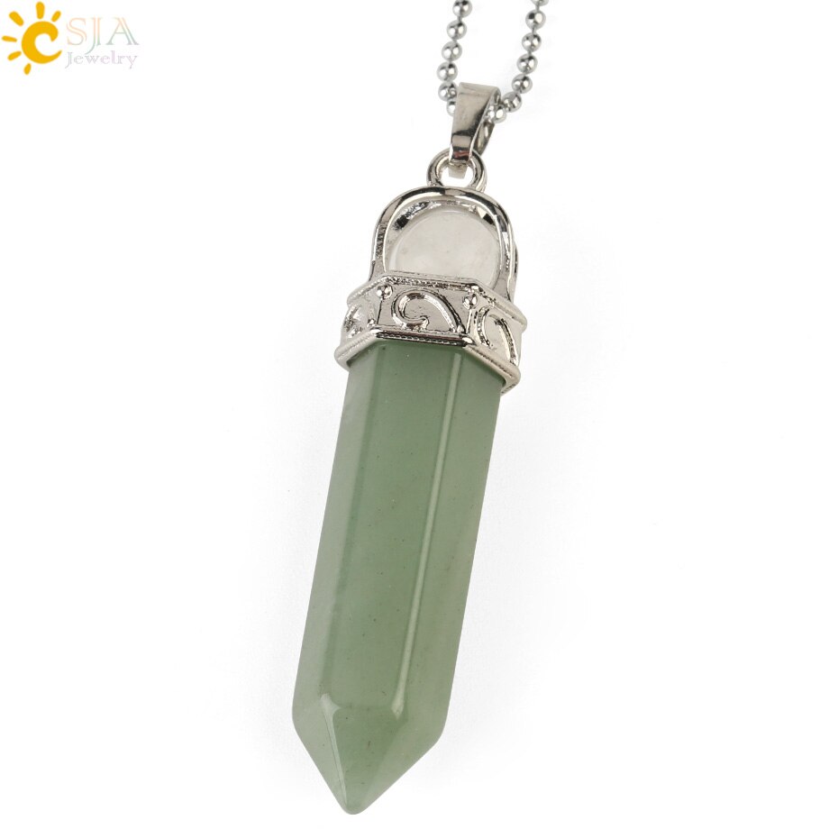 CSJA-colgante de piedra Natural para hombre y mujer, columna hexagonal puntiaguda, pilar de Cristal púrpura blanco y rosa, collares, G287: Aventurine Chain