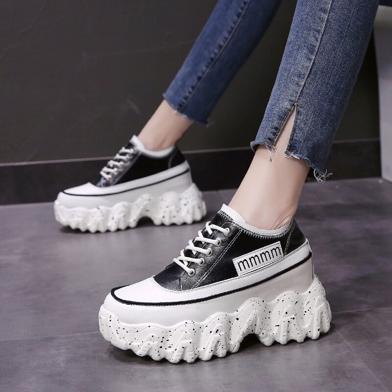 Femmes grosses baskets printemps 8.5CM talons hauts chaussures décontractées à semelles épaisses à lacets dames chaussures à plate-forme compensée baskets femme