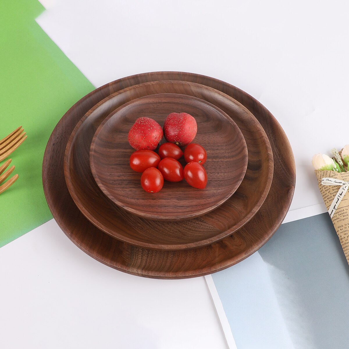 Acacia and Walnut Dinner Plates, Round Solid Wood Plates, Stackable Dinner Plates, Natural tableware dining for Dishes Snack