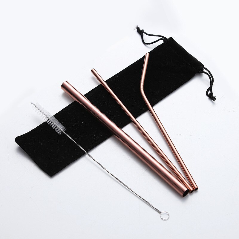 Bubble Tea Stainless Steel Straw Reusable Drinking Straws Set Curved Metal Straws Bag with Brush For Smoothies Juice Tea: Rose Gold