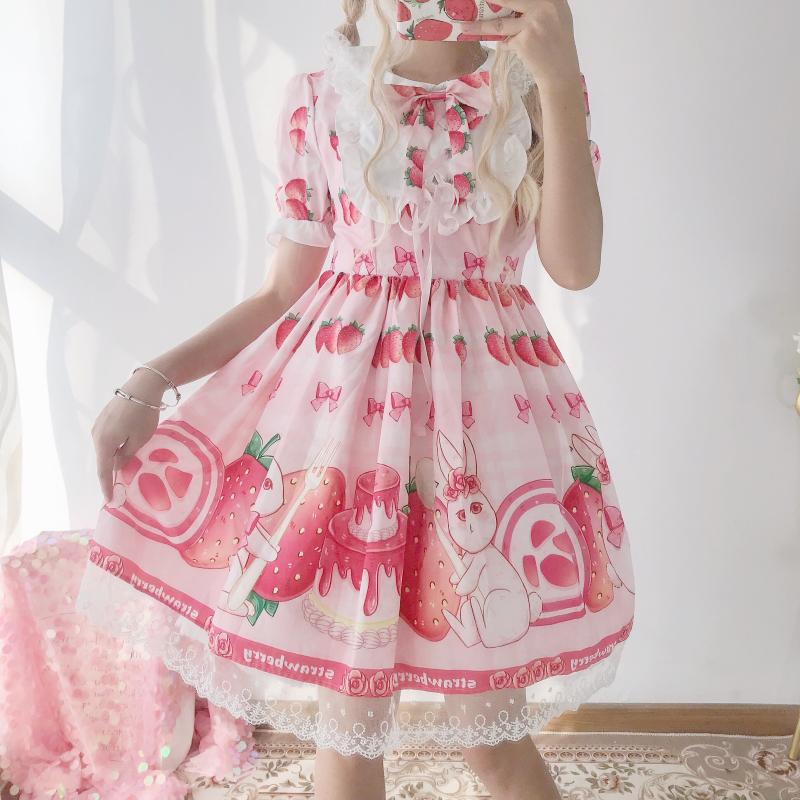 Sommer jsk sød jordbær lolita kjole pink lolita kjole pink sød lys lolita dukke krave pige lolita op kjole: 1