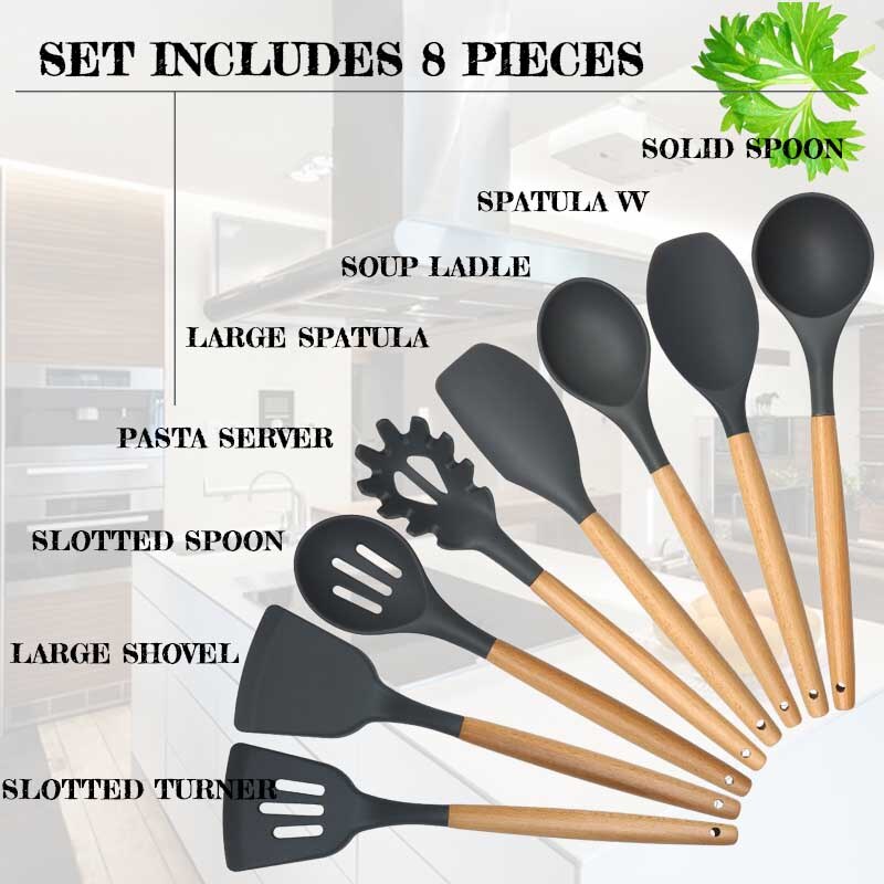 TEENRA 8Pcs Food grade Silicone Kitchen Utensils Set Non-stick Cooking Tools Silicone Utensil Set Spatula ladle Slotted Turner