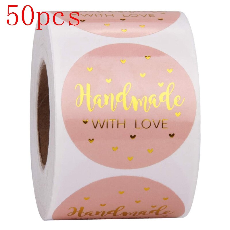 50-500PCS Pink Handmade Stickers heart 1 inch Wedding Stickers for Party Favors Decoration Envelope Seals Stationery Stickers: 50pcs