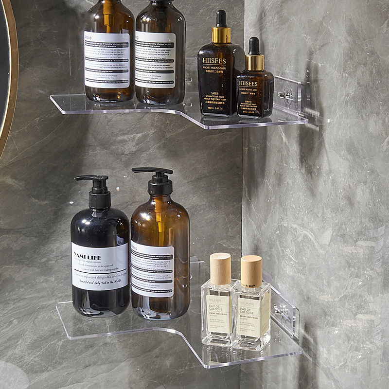 Estantería flotante de esquina de acrílico para baño, estantería protectora para artículos de cosmética, estante de almacenamiento transparente para colgar en la pared de la cocina