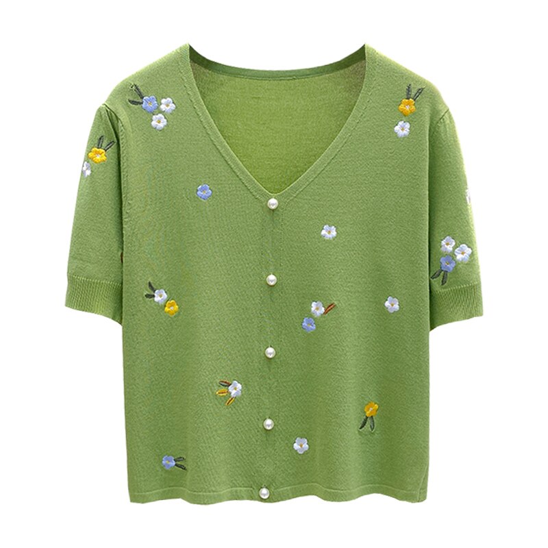 Suéter de algodão com gola v, camiseta feminina de verão, bordado, casual, tops plus size, roupas femininas, camisetas de malha, 2021