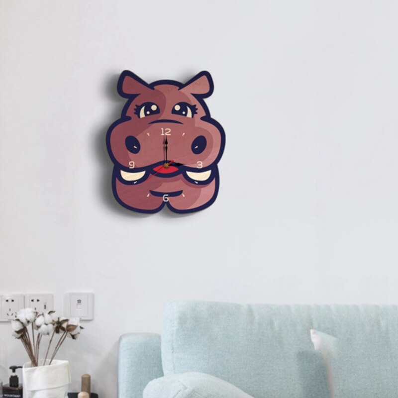 Houten Wandklok Kinderkamer Decor Wandklok Cartoon Stille Wandklok Hippo Wandklok