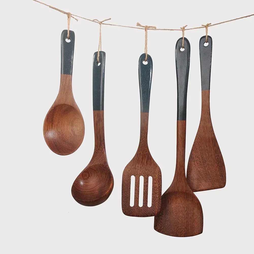 Köksutrustning i trä med långa handtag spatel ris skopa grönsak kött matlagning spade mixerskedar för nonstick pan köksredskap
