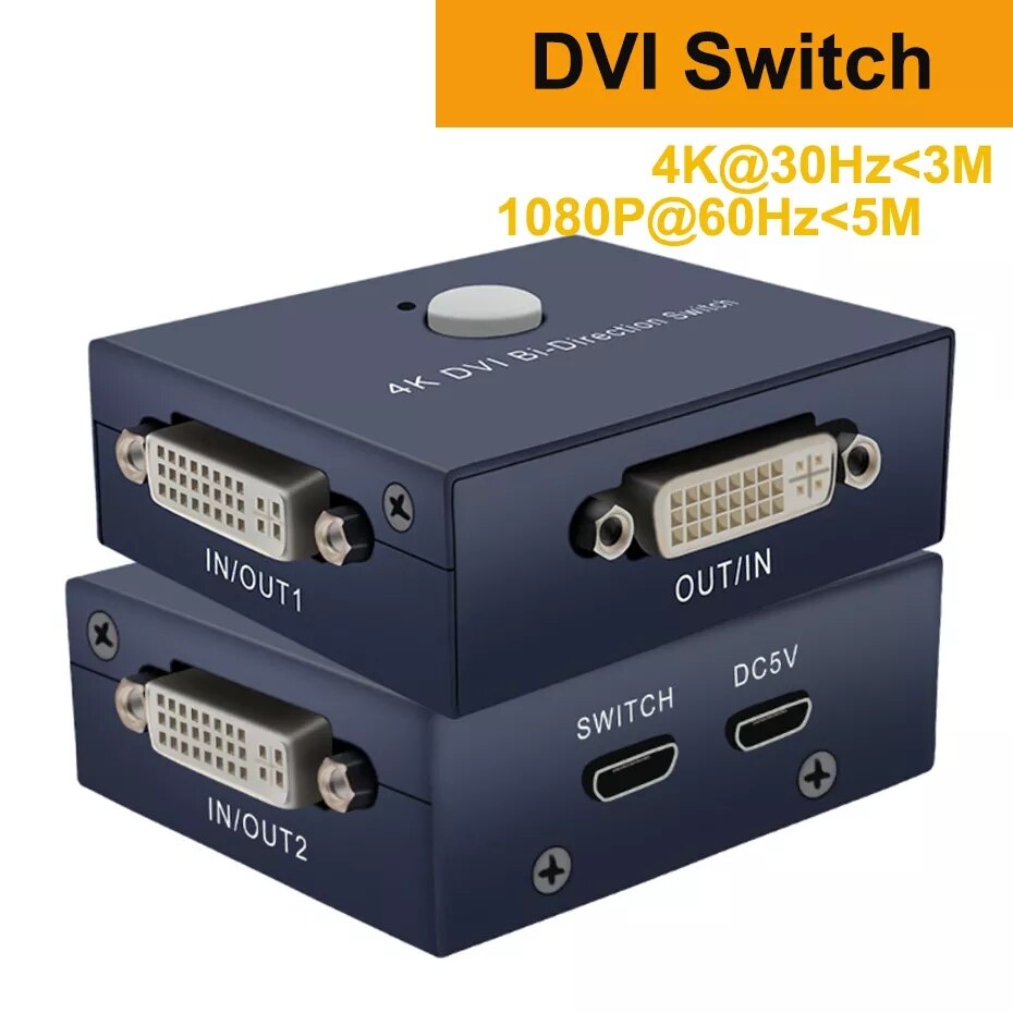 2 Port BI-direction DVI Switch 2X1 Splitter 1X2 DVI Switch 4K 30Hz HDMI-compatible switch splitter for PC laptop: DVI 2X1