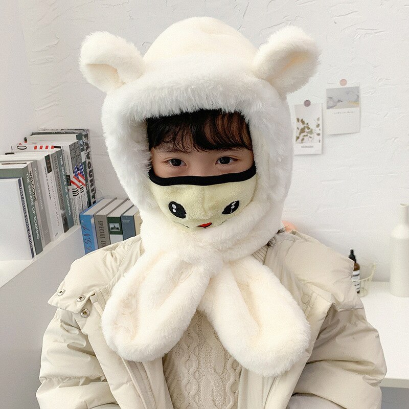 Kindersjaal een muts herfst winter koreaanse versie imitatie konijnenbont babymeisjes warme muts pluche dinosaurussenoren capuchonsjaal: Oorwit