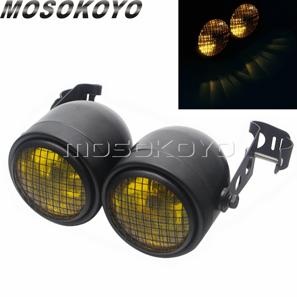 Motorcycle Twin Round Dominator Headlight 3.5" Double Dual Lamp Front Headlamp for Harley Cafe Racer Old School Chopper Bobber: D Black Yellow Mask