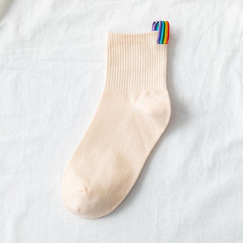 Harajuku damessokken dames calcetines witte regenboog lange sokken streetwear snoep effen kleur damessok kawaii skateboard: Beige