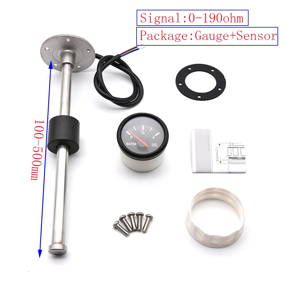 Red Backlight 52MM Water Level Gauge with Water Level Sensor 100-500MM 0-190Ohm Water Tank Level Indicator Meter Pointer Gauge
