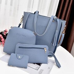 4 pçs conjunto de mulheres topo-alça titular do cartão de grande capacidade borla bolsa de ombro bolsa carteira senhoras couro do plutônio crossbody saco: Blue