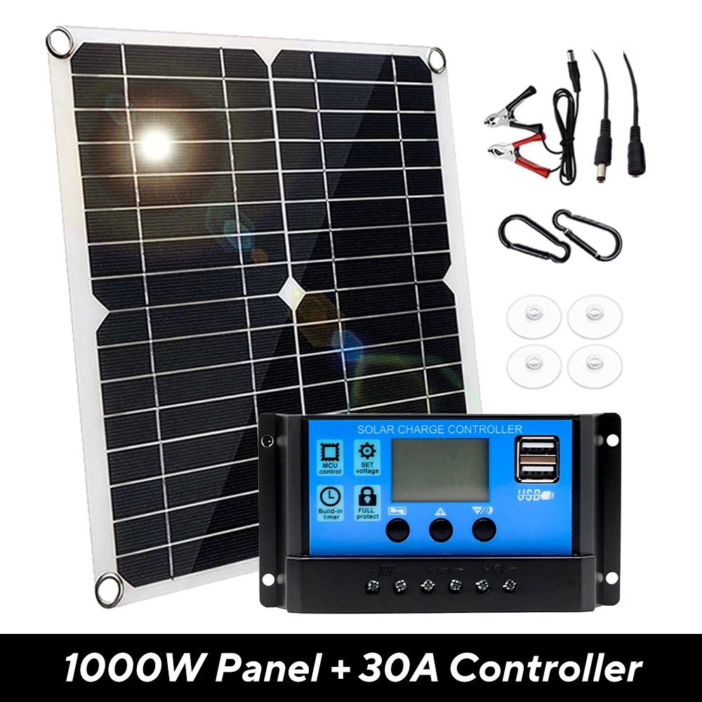 1000W Zonnepaneel 12V Zonnecel 10a-100a Controller Solar Plate Kit Voor Telefoon Rv Auto Caravan Home Camping Outdoor Batterij: Goud