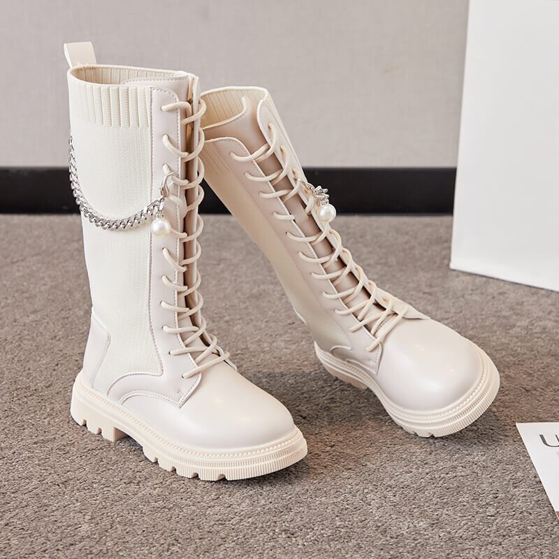 Meninas botas longas com correntes de metal princesa chique estiramento tecido meia estilo crianças motocicleta botas altas moda crianças 26-36 novo