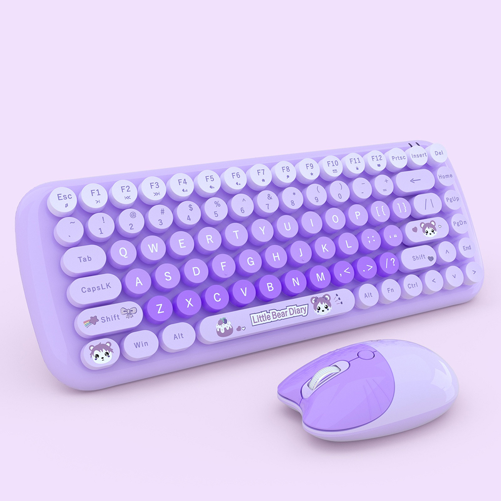 2.4G Wireless Keyboard Mouse Combo 84 Keys Compact Size Colorful Retro Round Keycaps For Laptop/Desktop, Battery Powered: PURPLE