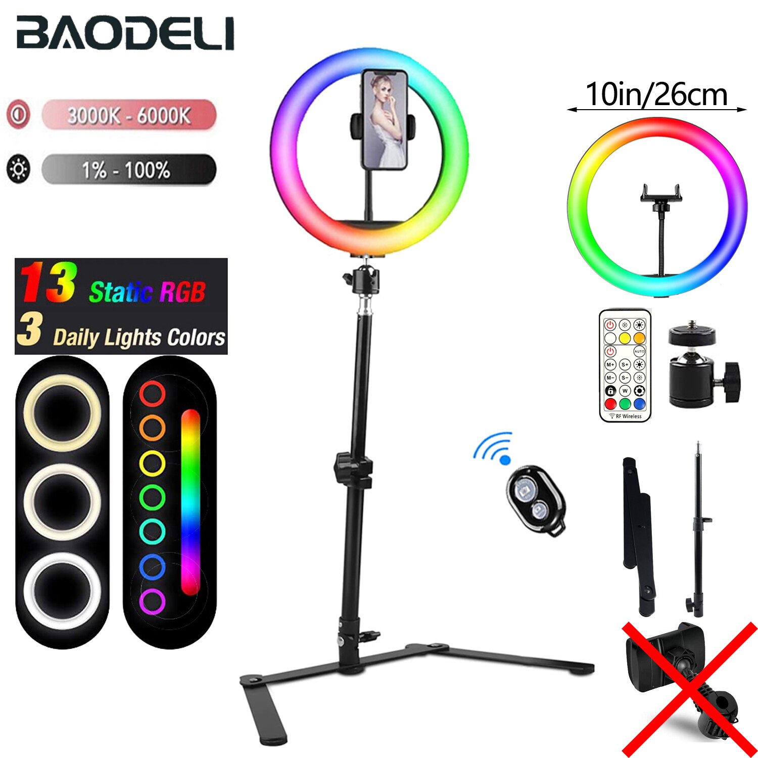 Anneau lumineux Led RGB avec trépied et support de téléphone, éclairage annulaire de Table pour Selfie, lampe de remplissage pour photographie, vidéo, vidéo, vidéo live: 10in without clips