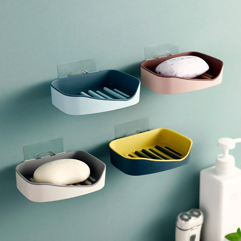 Jabonera autoadhesiva montada en la pared para platos, esponja, No perforante, caja de almacenamiento, estante, jabonera de baño de doble drenaje