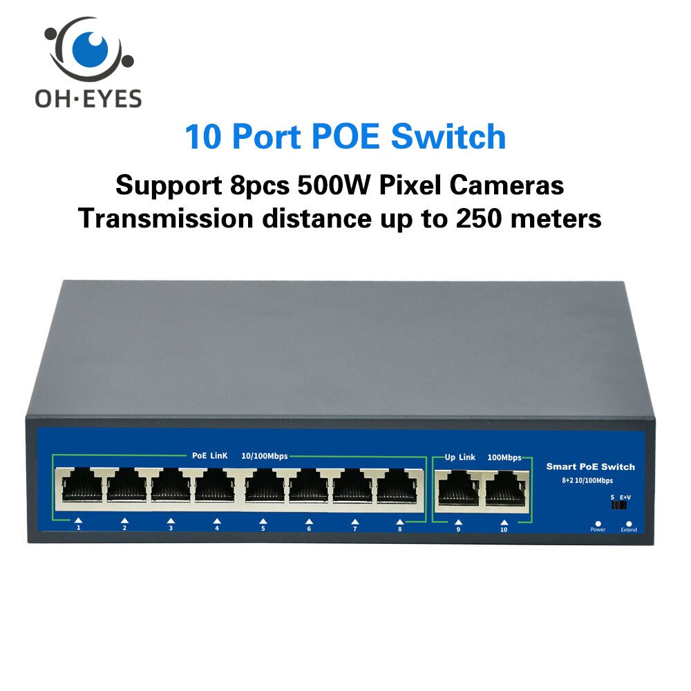 10Port POE Ethernet Switch 52V VLAN 10/100Mbps IEEE 802.3 Af/at Standard Network Switch for CCTV IP Camera Wireless AP 250M