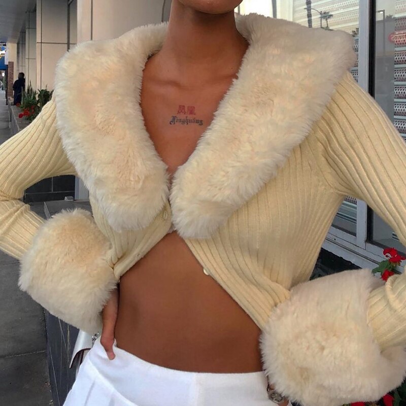 Kvinder cardigan trøjer hvid pels trim krave casual streetwear  y2k korte strik toppe varme vinter sweater toppe: L / Stil 1 khaki