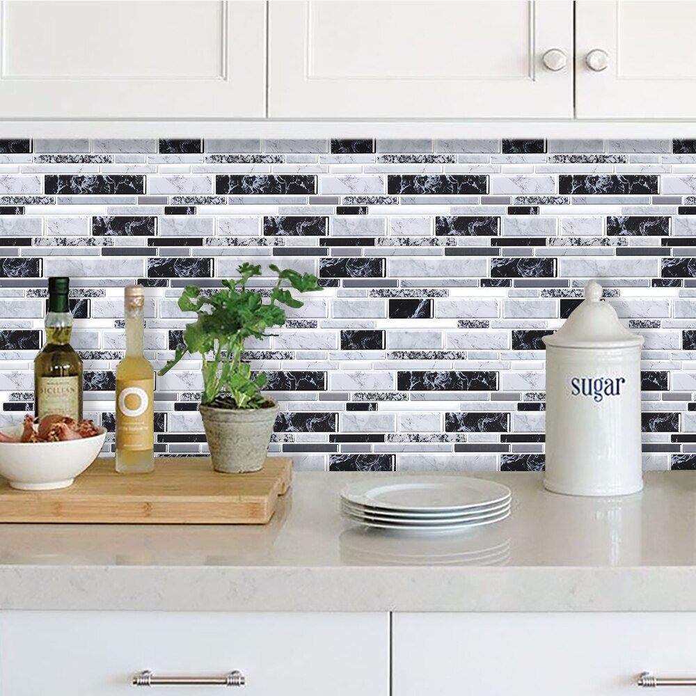 Easytiles 12 " x12 " zelfklevende tegels wit zwart marmer 3d behang anti-schimmel plak op achterwand tegel voor keuken  - 1 vellen