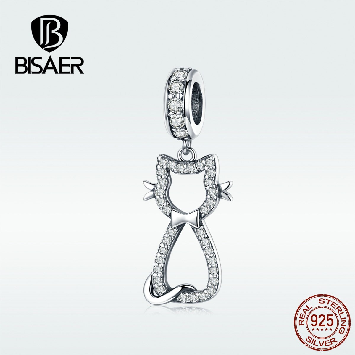 BISAER Cat Pendant 925 Sterling Silver Animal Kitten Pussy Charms Beads fit Bracelets Cubic Zircon DIY Jewelry Making ECC1162