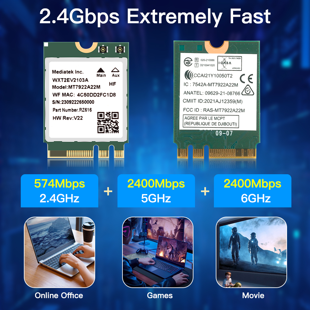 Wifi 6e mt7922 m.2 placa sem fio 5374mbps bluetooth 5.2 adaptador de rede 802.11ax 2.4g/5g/6ghz mediatek mt7922 MU-MIMO win 10 11