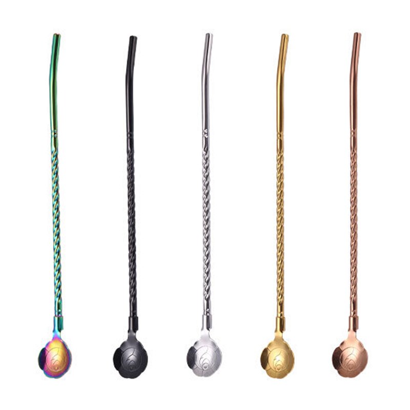 Cuillère en paille Rose torsadée, 1 pièce, fleurs de cerisier, longue paille dorée Portable réutilisable en acier inoxydable, cuillère à remuer pour Cocktail et café