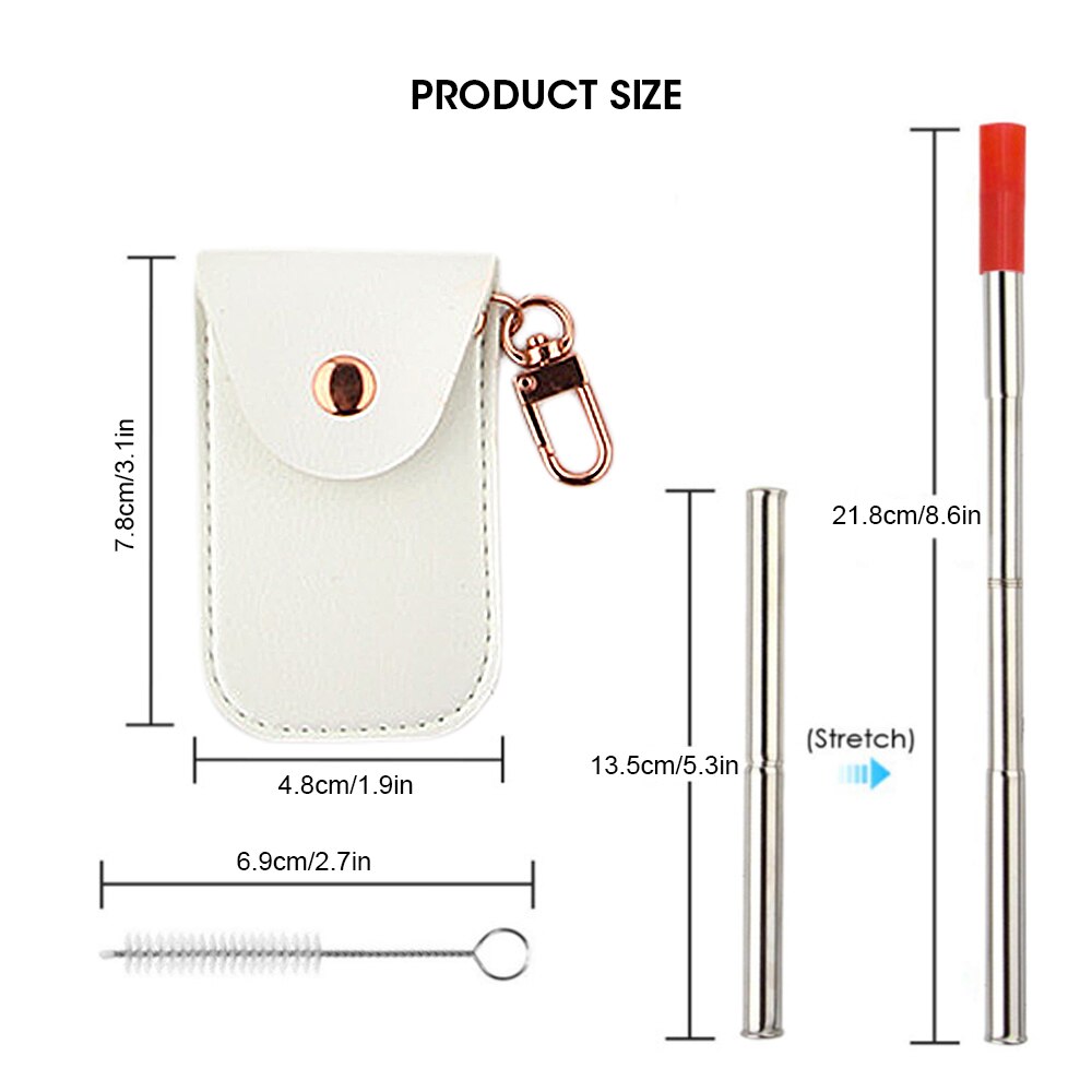 Portable Stainless Steel Reusable Metal Straw Portable Collapsible Foldable with Case Cleaning Brush Bar Drinking Accessories: white
