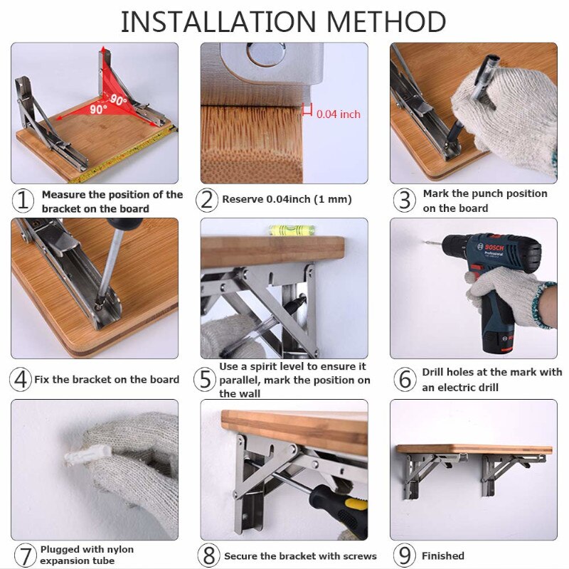 2pcs Stainless Steel 304 Wall Mounted Folding Table Shelf Support Bracket Triangle Bracket 250KG Load heavy duty 12''