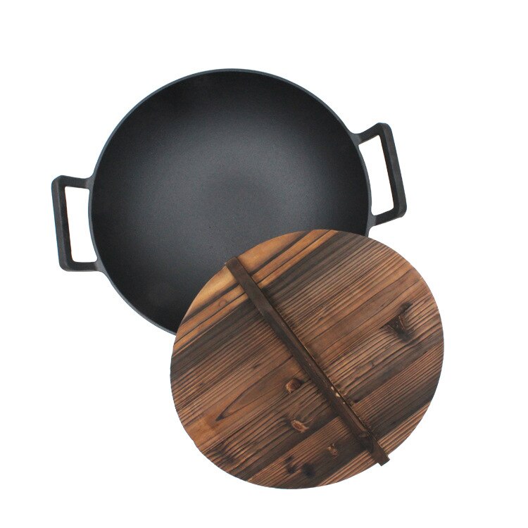 Oude-Stijl Varken Ijzeren Wok Ongecoat Non-stick Pan Verdikte Dubbele Oor Gietijzeren Wok Platte Bodem Wok: 36cm