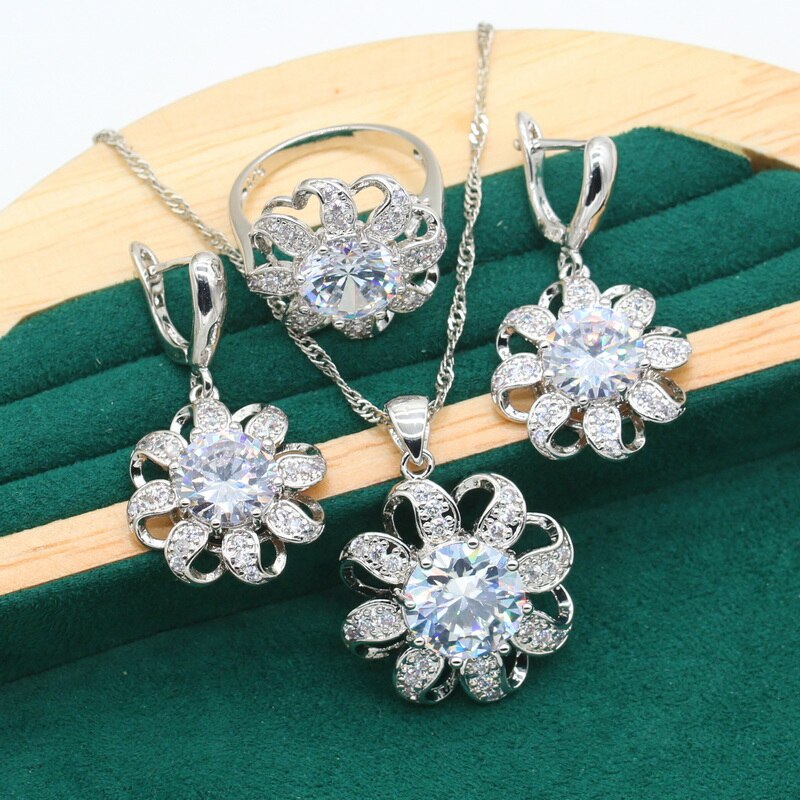 Klassische Weiß Topas 925 Silber Schmuck einstellen für Frauen Armbinde Ohrringe Ring Halskette Anhänger Hochzeit Geburtstag: 02 / 10