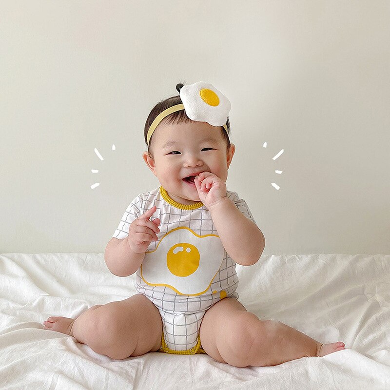 Body d'été en coton pour bébés garçons et filles, vêtements à carreaux, œufs pochés, motif de dessin animé, à la , avec bandeau à fleurs,