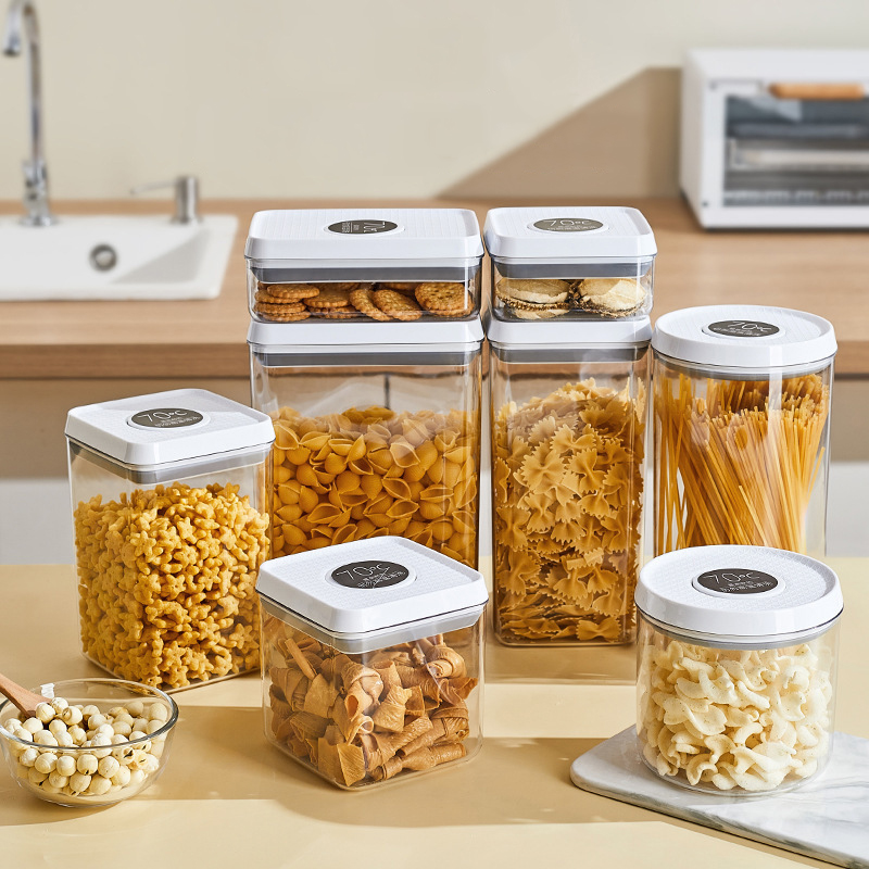 Press Open Clear Plastic Food Storage Box with Pop Up Lid Moisture-Proof Grains Container Cereals Jar Kitchen Pantry Organizer