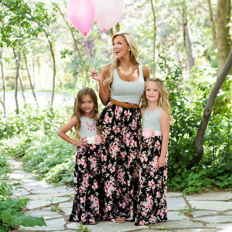 Mother Matching Clothes Formal Mom Parent Long Dress Outfits Summer Sleeveless Patchwork Floral Dresses