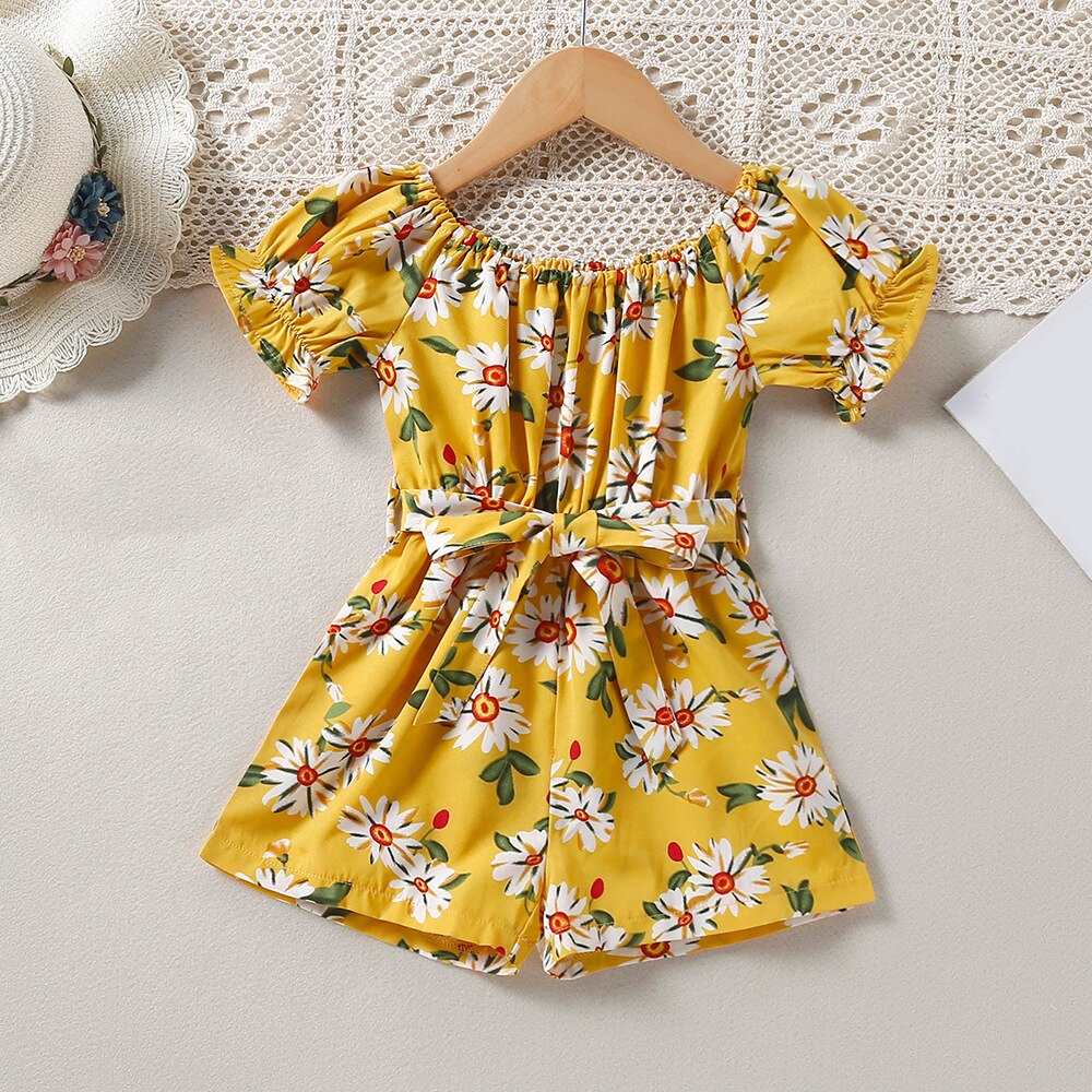 Humor Bear 2022 Summer Princess Girl Floral Romper Off shoulder Flare Sleeve Bow Striped Jumpsuit Playsuit Outfit Kids Clothes: 2T
