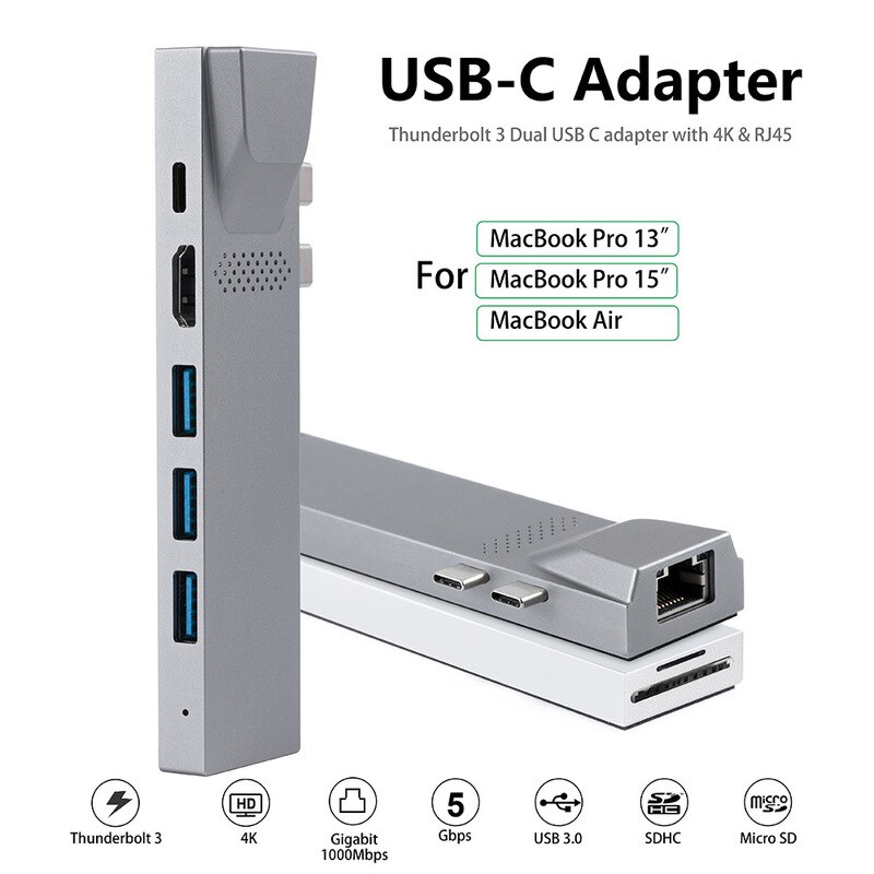 8 In 1 Docking Station USB C Adapter with 4K HDMI Dual Type C 3 Port USB3.0 Hub SD TF Card Reader 1000Mbps for MacBook Pro Air