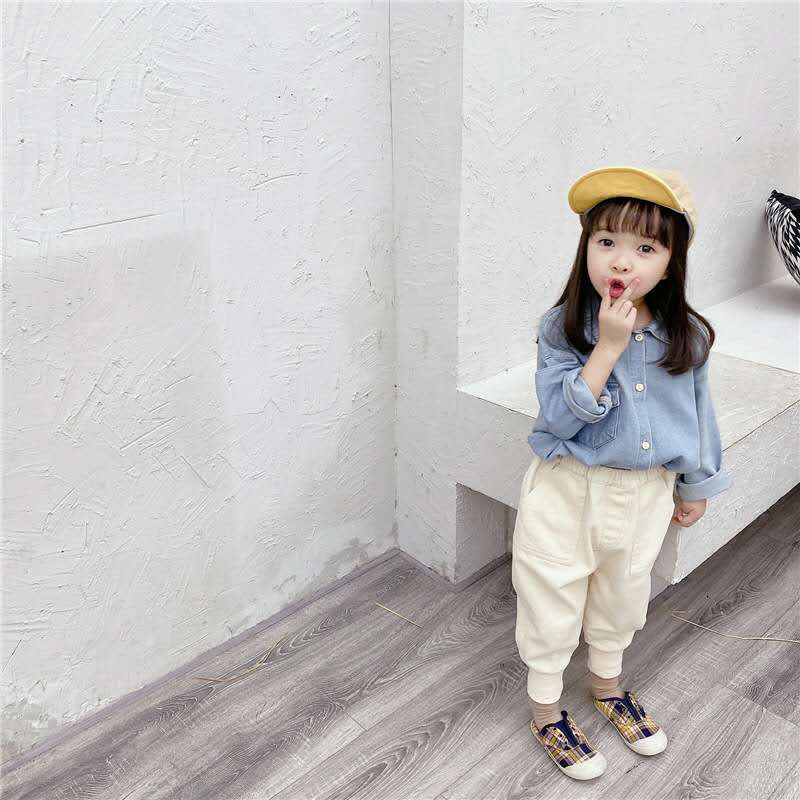 Børns efterårsprodukter piger koreansk denim langærmet skjorte