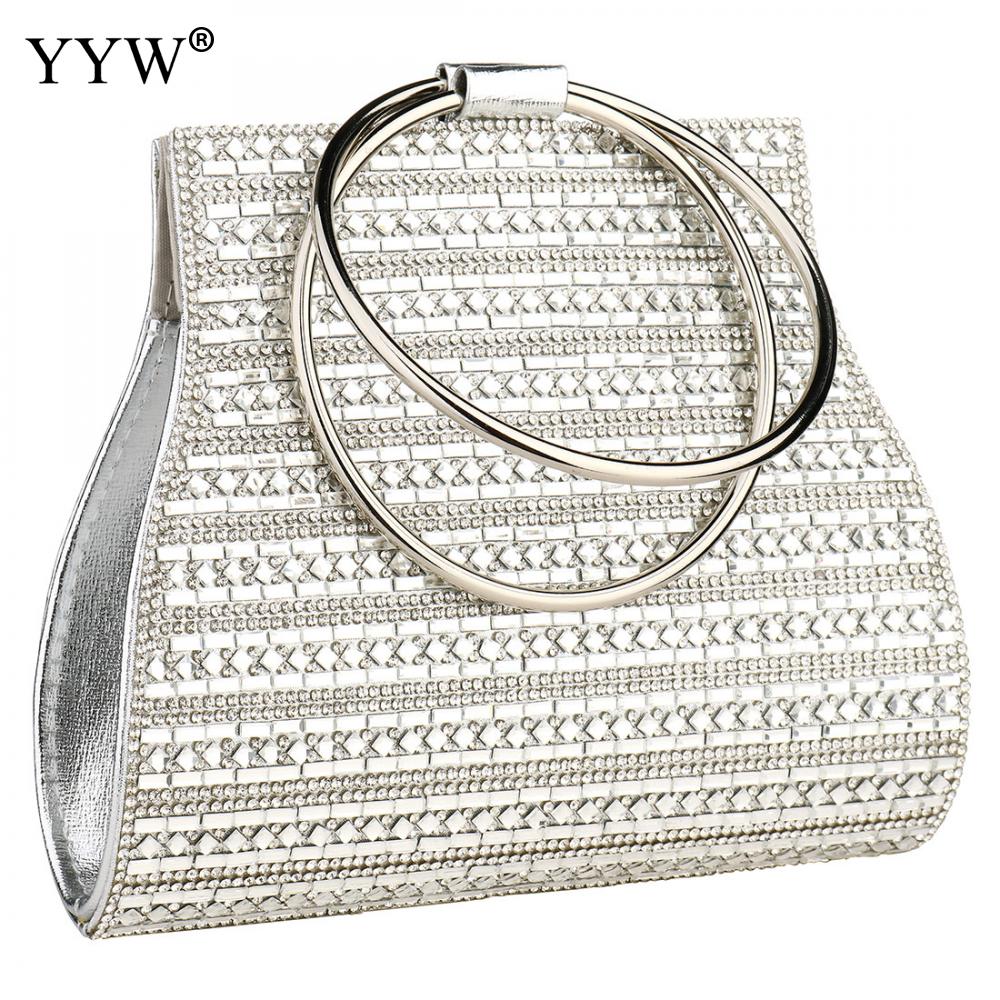 Sølv luksus håndtasker kvinder tasker rhinestone cirkel ring aften håndtaske og pung guld bryllup brude totes