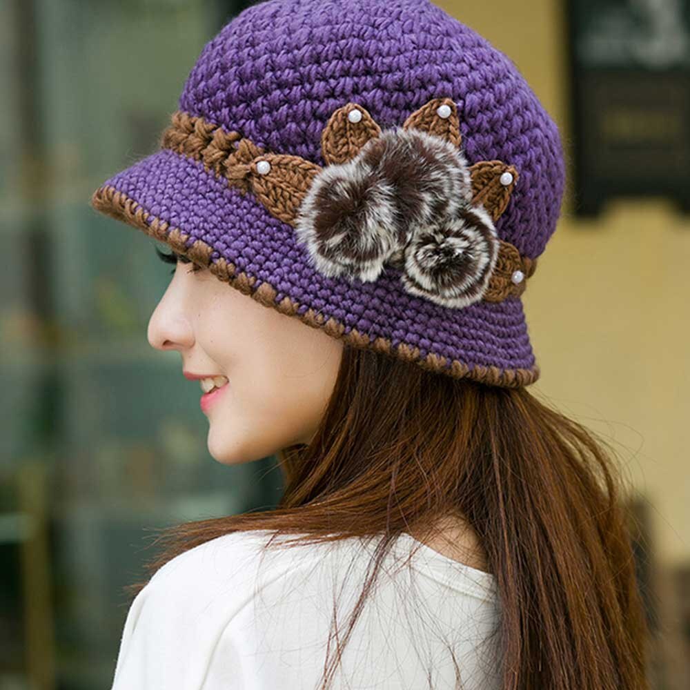 Women Lady Winter Warm Crochet Knitted Flowers Decorated Ears Hat Winter Knitted Thick Warm Cap Retro Hat#40: Purple