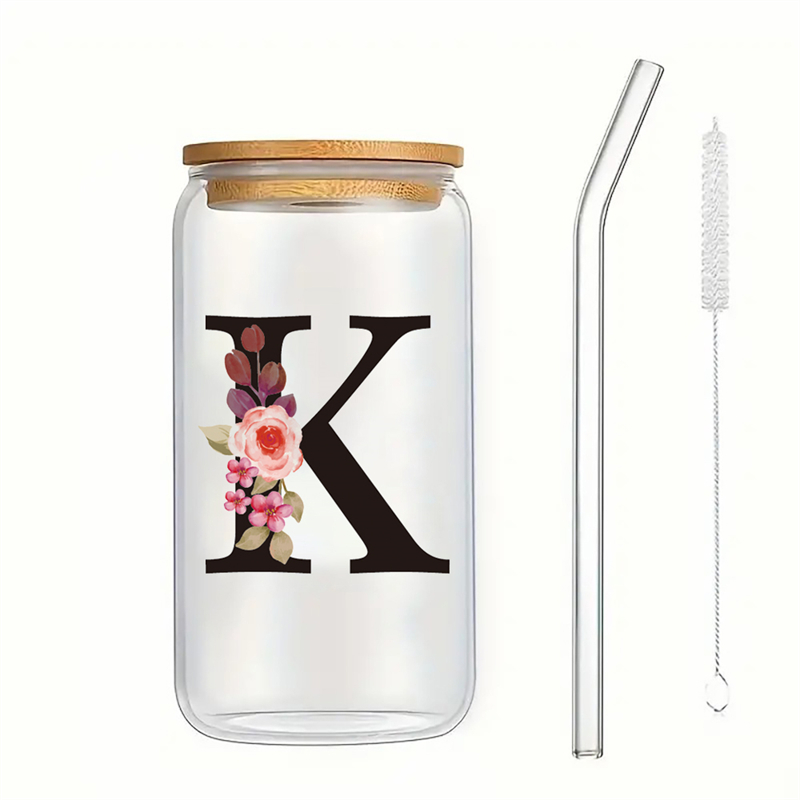 Alphabet Flowers Drinking Glass Letter A-Z Iced Coffee Water Juice Bottle Portable Clear Cup with Lid Straw Brush Birthday: MULTI