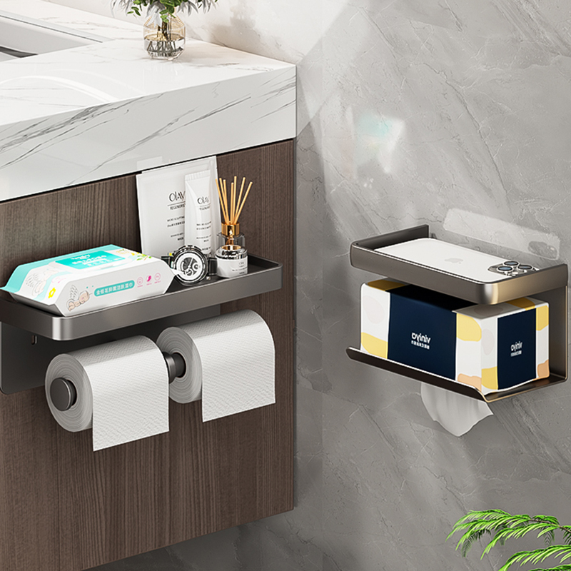 Soporte de papel higiénico grande, portarrollos de papel montado en la pared con bandeja de almacenamiento, soporte para teléfono móvil, accesorios de baño