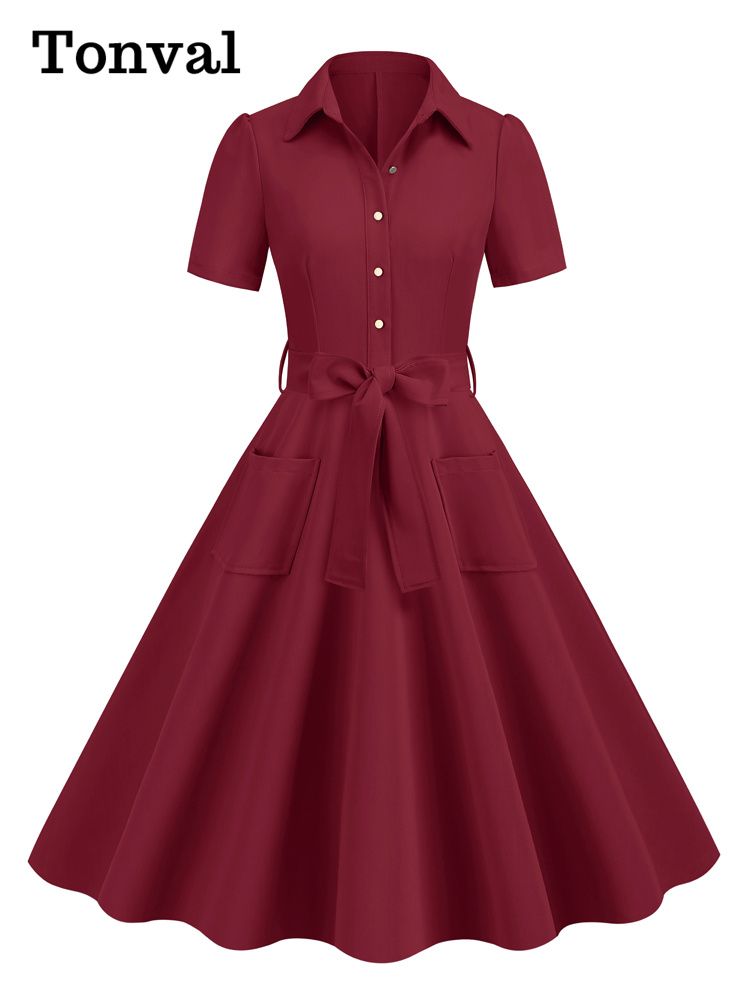 Tonval Marineblau Jahrgang Aufstecken Kleid Baumwolle lange Kleider Frauen Knopf oben Gürtel Rockabilly schwingen Kleid