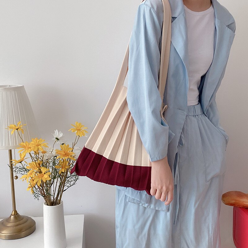 Tecido de malha bolsa de ombro feminina cor bloqueio design plissado sacos de tecido de lã bolsa dobrável amarrado tote para senhoras