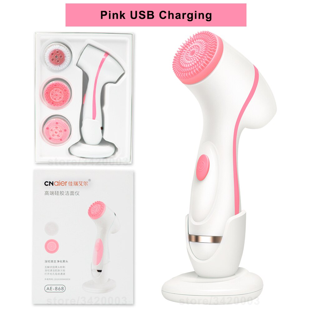 Elektrisk ansiktsrengöring 3 i 1 silikon mjuk borste usb uppladdningsbar ansiktstvätt massager borstar utbyte skönhetsmaskin: Rosa