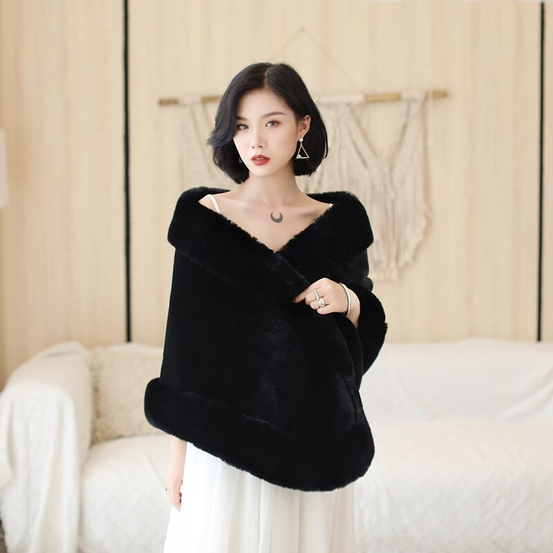 Chaqueta negra de piel sintética para mujer, chal para boda, , estola gruesa: Default Title