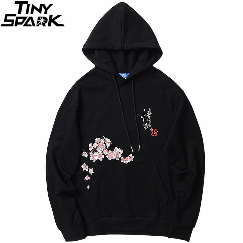 Hip Hop Men Streetwear Hoodie Chinese Kanji Peach Blossom Embroidery Sweatshirt Autumn Casual Floral Hooded Pullover Black