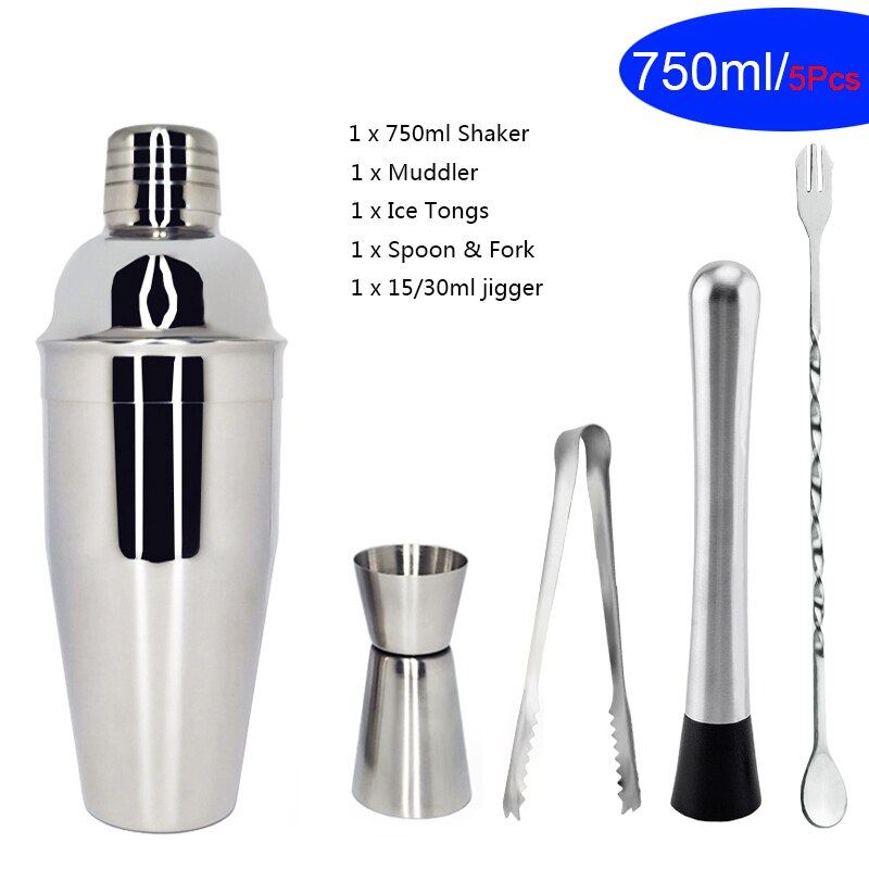 Stainless Steel 550ml/450ml/600ml/750ml Shaker Cup With Measuring Cup Cocktail Shaker Set Cocktail Kit Bar Tools Stand Recipe: 5Pc 750ml
